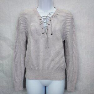 Tart Amity Sweater Women's M Lace Up Front 100% Merino Wool Blush Pink Rib Knit